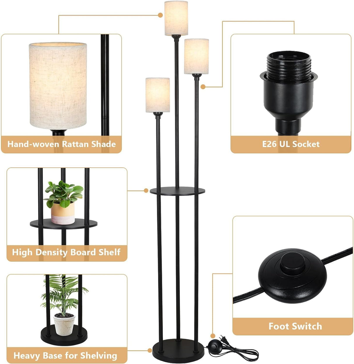 Floor Lamp With Shelf, Floor Lamp For Modern Living Room, 3 Light Standing Lamp With Linen Shade And Foot Switch Unavailable Platforms- CJDS