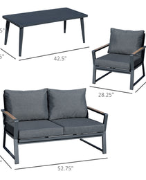 4 Piece Patio Furniture Set, Aluminum Conversation Set, Outdoor Garden Sofa Set With Armchairs, Loveseat, Center Coffee Table And Cushions, Dark Grey
