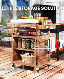 Outdoor Grill Cart with Stainless Steel Top, Solid Wood Outdoor Kitchen Island with Wheels, Drawer, Side Handle, Brown