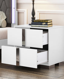 Elegant Nightstand With Metal Foot, Mirrored Bedside Table With 2 Drawers For Bedroom, Living Room, White