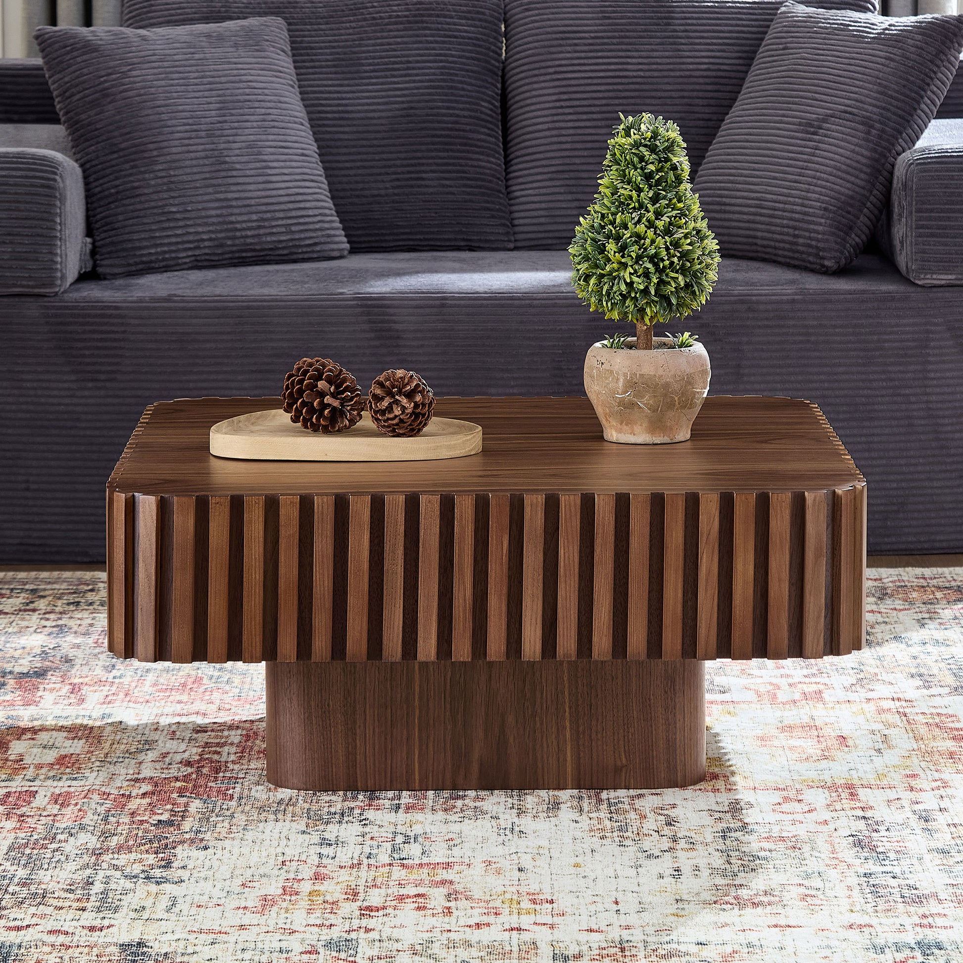 31.5 Inch Modern Handcraft Drum Coffee Table Square Coffee Table For Living Room,Small Wooden Coffee Table With Sturdy MDF Pedesta,Walnut Color
