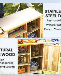 Outdoor Grill Cart With Stainless Steel Top, Solid Wood Outdoor Kitchen Island With Wheels, Natural Wood