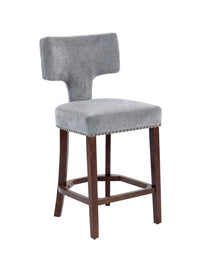 Mid Century Modern Counter Height Bar Stools Set Of 2, Farmhouse Linen Fabric Upholstered Accent Chair Curved Backrest With Copper Nails Around,Kitchen Chairs With Hardwood Frame, Gray