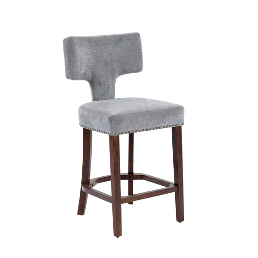 Mid Century Modern Counter Height Bar Stools Set Of 2, Farmhouse Linen Fabric Upholstered Accent Chair Curved Backrest With Copper Nails Around,Kitchen Chairs With Hardwood Frame, Gray