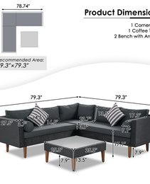 GO 4-pieces Outdoor Wicker Sofa Set, Patio Furniture With Colorful Pillows, L-shape Sofa Set, Gray Cushions And Black Rattan