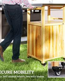 Outdoor Grill Cart w/ Stainless Steel Top, Solid Wood Outdoor Kitchen Island w/ Wheels, Integrated Hole, Natural Wood