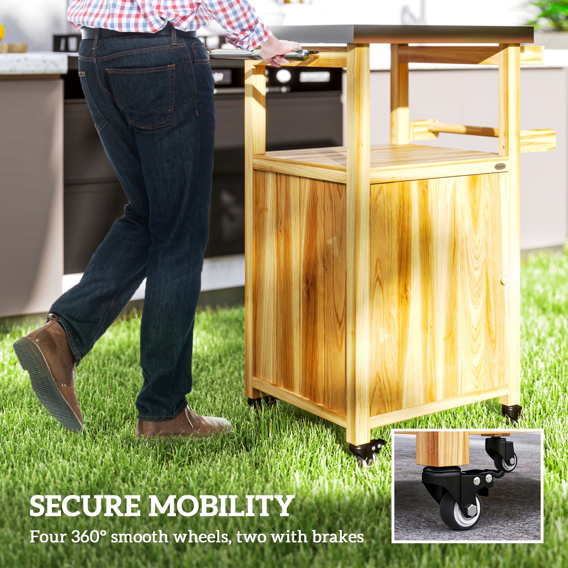 Outdoor Grill Cart w/ Stainless Steel Top, Solid Wood Outdoor Kitchen Island w/ Wheels, Integrated Hole, Natural Wood