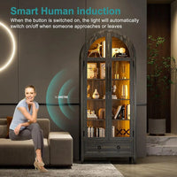 73 Arched Glass Display Cabinet with 4-Tier, Human Body Sensor, LED Lights for Collectibles, Adjustable Shelves, Brown