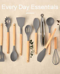 Non-Stick Silicon 12 Pcs Heat Resistant Wooden Handle Kitchen Cooking Utensils Set, Gray Color