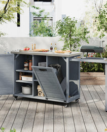 K&K 78.3  Outdoor Kitchen Island With Foldable Grill Table, Wooden Outdoor Grill Cart With Trash Can Storage & Stainless Steel Top, Outdoor Bar Cart, Pizza Oven Table For Lawn & Garden, Grey Blue