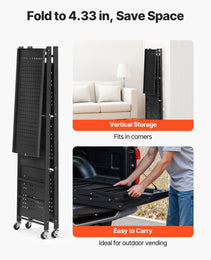 4-Tier Foldable Storage Shelf, 26W X 13D X 46H Inch Folding Metal Rack Shelving Unit, No Assembly Organizer Shelf With 5 Wheels & 4 Hooks For Pantry, Kitchen, Garage, Basement, Black