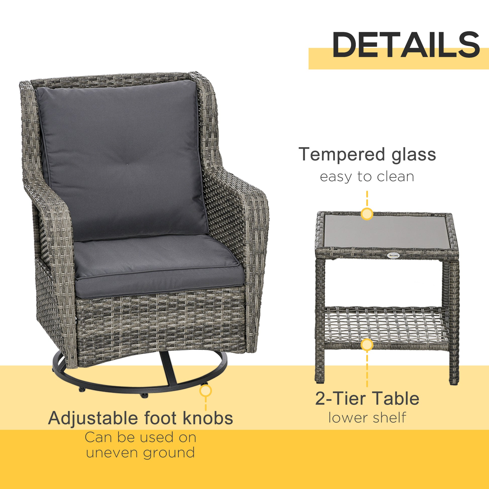 Patio Bistro Set, Porch Furniture with 360° Rotation & Rocking Function, 28.25"x30.75"x36.25", Gray