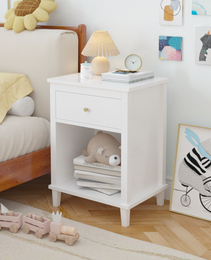 26.77H Wooden Nightstand With One Drawer One Shelf For Kids, Adults, White-Golden Handle
