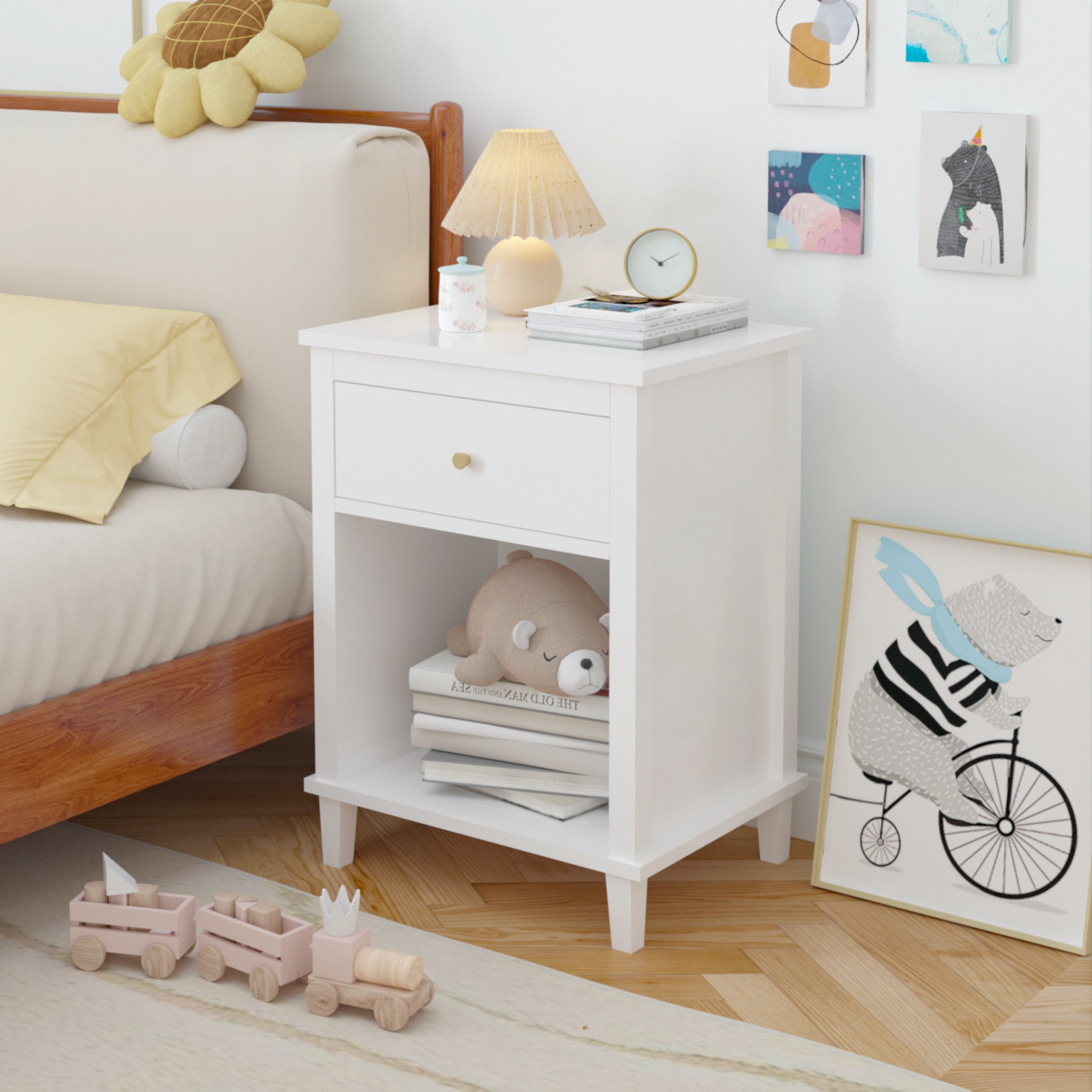 26.77H Wooden Nightstand With One Drawer One Shelf For Kids, Adults, White-Golden Handle