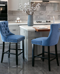 Contemporary Velvet Upholstered Barstools With Button Tufted Decoration And Wooden Legs, And Chrome Nailhead Trim, Leisure Style Bar Chairs,Bar Stools, Set Of 2 Blue,SW2002BL