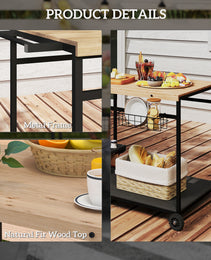 Outdoor Bar Cart Patio Serving Cart with Wine Holders Natural