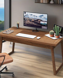 Home Office Executive Desk: 55 Inches Wooden Computer Desk With Drawer, Mid-Century Modern Study Writing Table