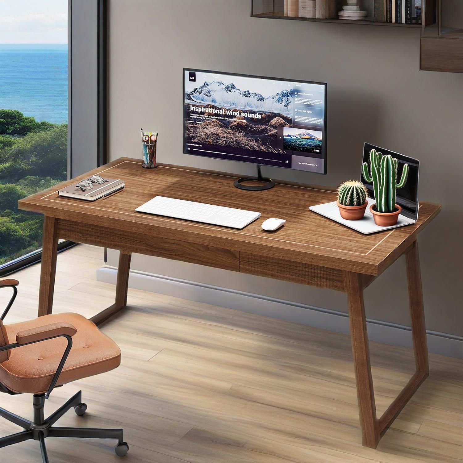 Home Office Executive Desk: 55 Inches Wooden Computer Desk With Drawer, Mid-Century Modern Study Writing Table