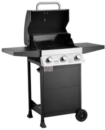 Gas Grill, 3 Burner Propane Gas Grill With Spacious 338 SQ.In Grilling Area, Carbon Steel Enamel Grates, Outdoor 36,000 BTU Patio Garden BBQ Grills With Foldable Side Shelves, Carbon Steel