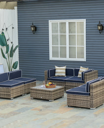 7-Piece Outdoor Wicker Patio Sofa Set, Modern Rattan Conversation Furniture Set with Cushions, Pillows and Tea Table - Blue