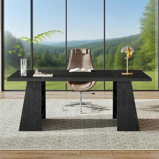 63-Inch Executive Desk, Modern Large Office Computer Desk With Double Pedestal And Storage Shelves, Simple Writing Conference Table