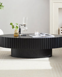 Modern Handcraft Drum Coffee Table Length 43.7 Inch Ellipse Coffee Table For Living Room,Oval Small Coffee Table With Sturdy Pedestal,Black MDF