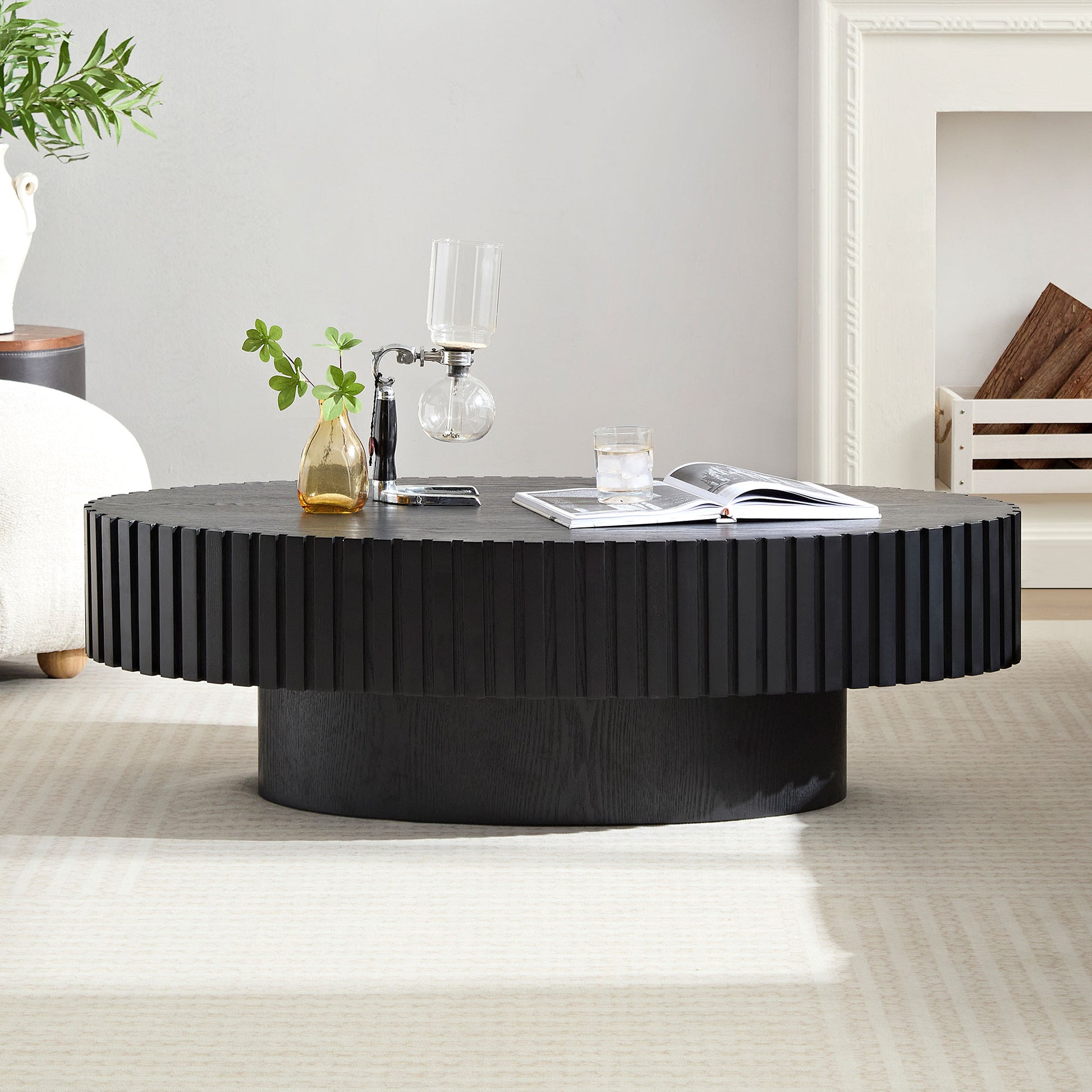 Modern Handcraft Drum Coffee Table Length 43.7 Inch Ellipse Coffee Table For Living Room,Oval Small Coffee Table With Sturdy Pedestal,Black MDF