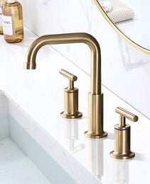 8 In. Widespread Double Handle Bathroom Faucet With Up Drain In Brushed Gold