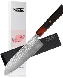 Qulajoy 8 Inch Chef Knife - Japanese Damascus VG-10 Super Steel Hammered Kitchen Knife - African Rosewood Octagonal Handle With Sheath