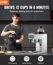 12-Cup Commercial Drip Coffee Maker – 6-Minute Rapid Brew with Dual Warming Plates