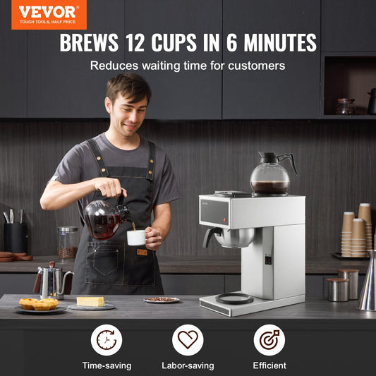 12-Cup Commercial Drip Coffee Maker – 6-Minute Rapid Brew with Dual Warming Plates