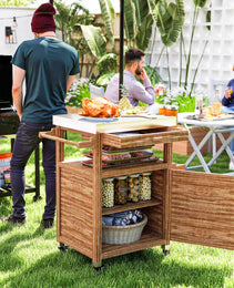 Outdoor Grill Cart with Stainless Steel Top, Solid Wood Outdoor Kitchen Island with Wheels, Drawer, Side Handle, Brown