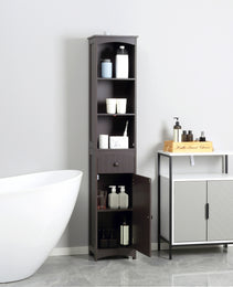 Bathroom Storage Cabinet, Free Standing Bathroom Storage Unit, Tall Linen Tower with 3-Tier Shelves and Drawer, Brown