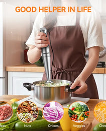 TENKER 1100W Immersion Hand Blender, Stainless Steel Stick Blender With 12-Speed & Turbo Mode, 5-in-1 Handheld Blender With 600ml Mixing Beaker With Lid, 500ml Chopper, Whisk, Milk Frother, BPA-Free