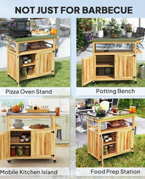 Outdoor Grill Cart w/ Stainless Steel Top, Solid Wood Outdoor Kitchen Island w/ Wheels, Storage Cabinets, Natural Wood