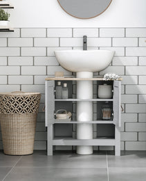 Pedestal Sink Storage Cabinet, Under Sink Cabinet, Bathroom Vanity Cabinet with Adjustable Shelf and Open Bottom Shelf, Gray