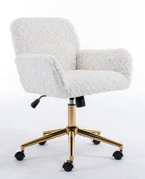 A&A Furniture Office Chair,Artificial Rabbit Hair Home Office Chair With Golden Metal Base,Adjustable Desk Chair Swivel Office Chair,Vanity Chair Beige
