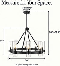 Teramo Black Wagon Wheel Chandelier, 26 Inch round Dining Room Light, Clear