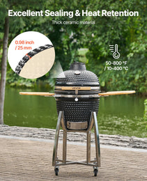 Charcoal Smoker And Grill, 18" Kamado Charcoal BBQ Smoker, Movable Ceramic Barbecue Grill With 4 Wheels (2 Lockable), Built-in Thermometer, Air Vents & Side Shelf For Outdoor Patio Yard Cooking