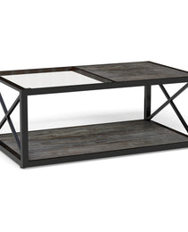 Modern Coffee Table For Bedroom & Living Room, Tempered Glass&Rustic Wood Grain MDF, Industrial Style Coffee Table