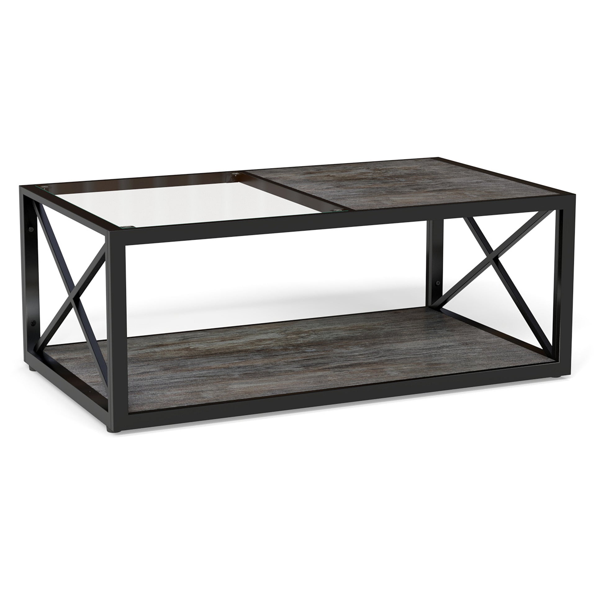 Modern Coffee Table For Bedroom & Living Room, Tempered Glass&Rustic Wood Grain MDF, Industrial Style Coffee Table