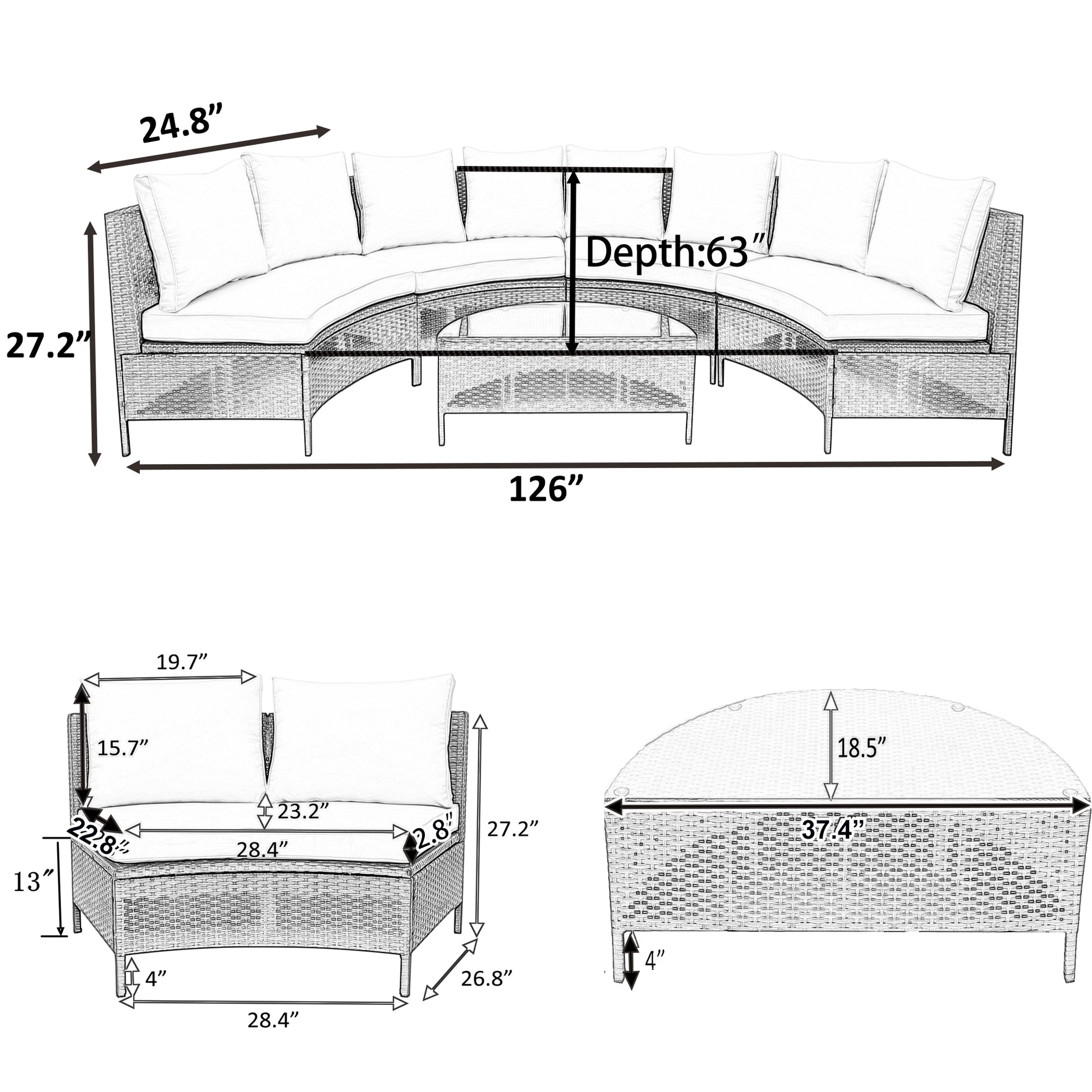 TOPMAX 5 Pieces All-Weather Brown PE Rattan Wicker Sofa Set Outdoor Patio Sectional Furniture Set Half-Moon Sofa Set With Tempered Glass Table, Grey