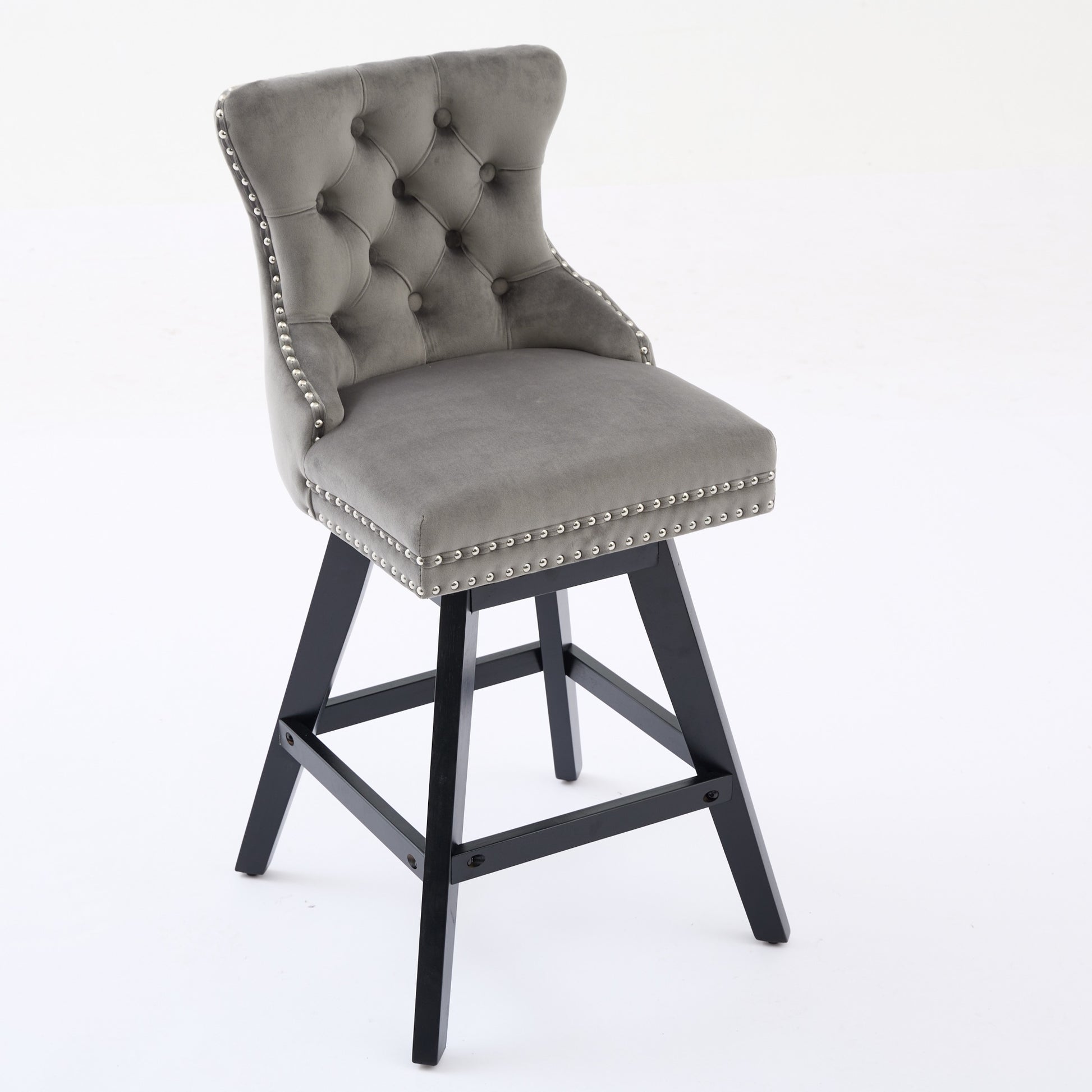 Swivel Velvet Barstools With Button Tufted Decoration And Wooden Legs, And Chrome Nailhead Trim, Leisure Style Bar Chairs,Bar Stools, Set Of 2 Gray,SW1860GY