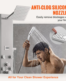 Shower Panel System, 5 Shower Modes, Digital Display Shower Panel Tower, Rainfall, 8 Massage Jets, Tub Spout, 3-Setting Handheld Shower Head 59 Hose, Stainless Steel Wall-Mounted Shower Set
