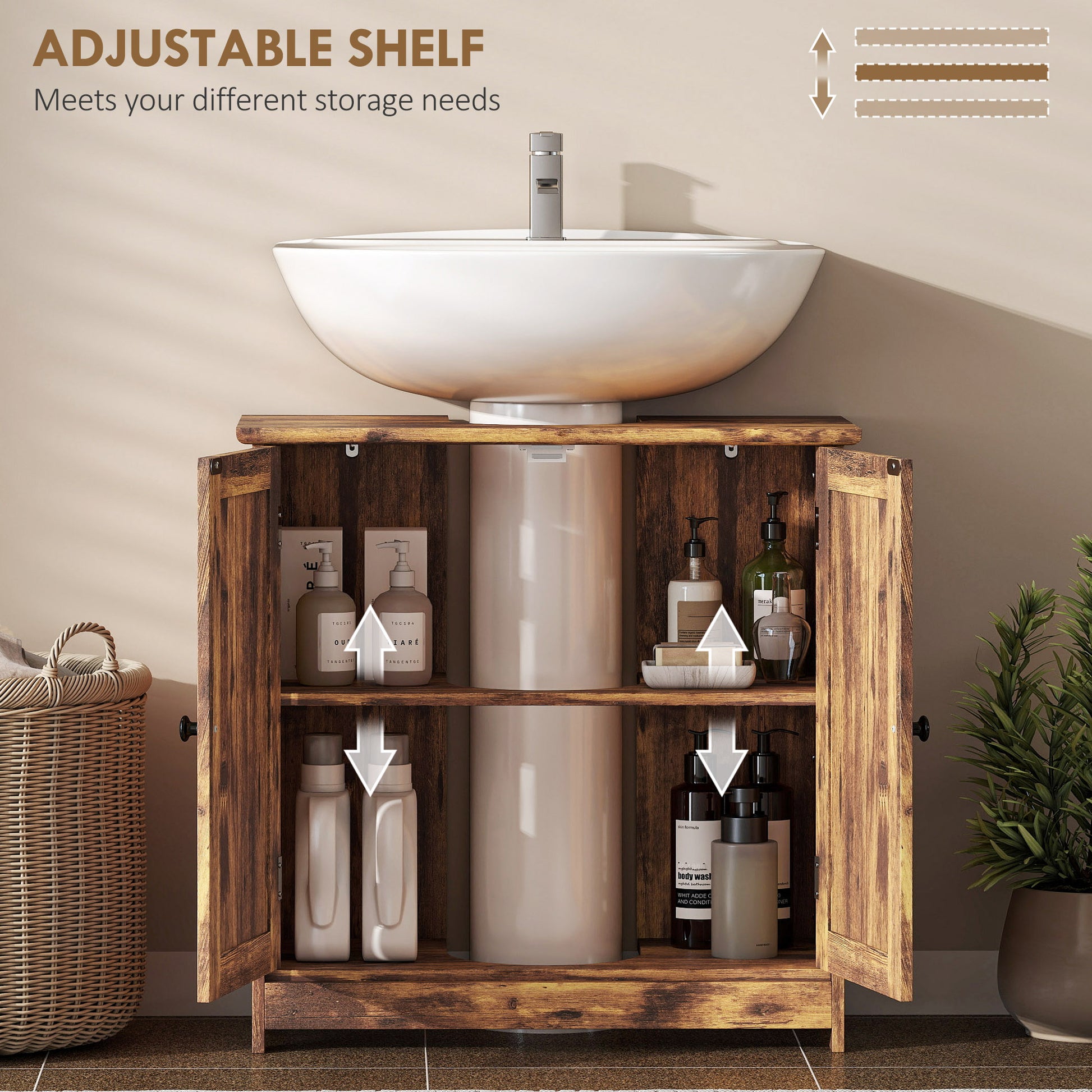Bathroom Vanity Cabinet, Under Sink Bathroom Cabinet with 2 Doors and Adjustable Shelf, Rustic Brown