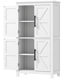 Bathroom Floor Storage Cabinet, Farmhouse Bathroom Cabinet with 4 Doors and Adjustable Shelf, White