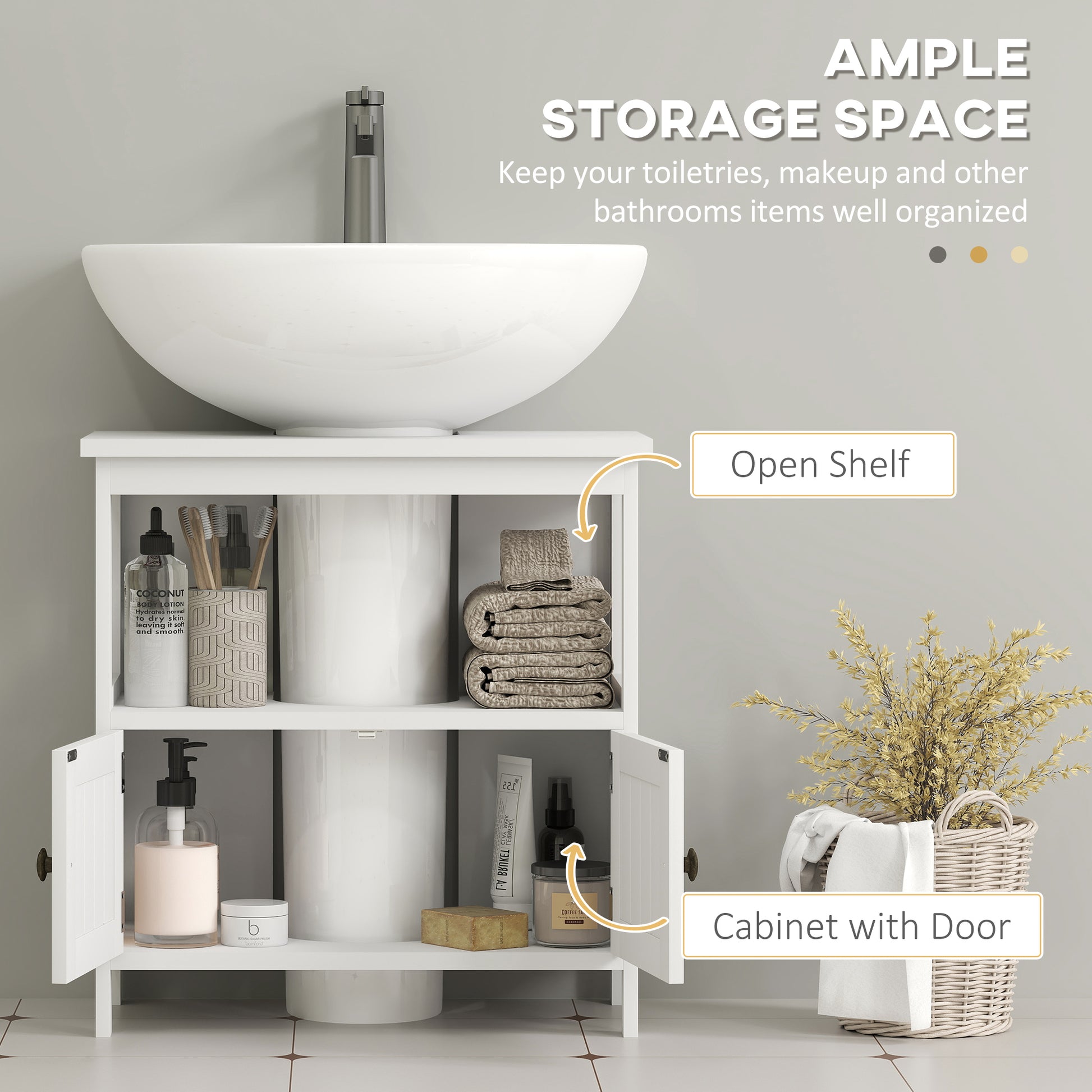 Pedestal Sink Storage Cabinet, Bathroom Under Sink Cabinet with 2 Doors and Open Shelf, Bathroom Vanity, White