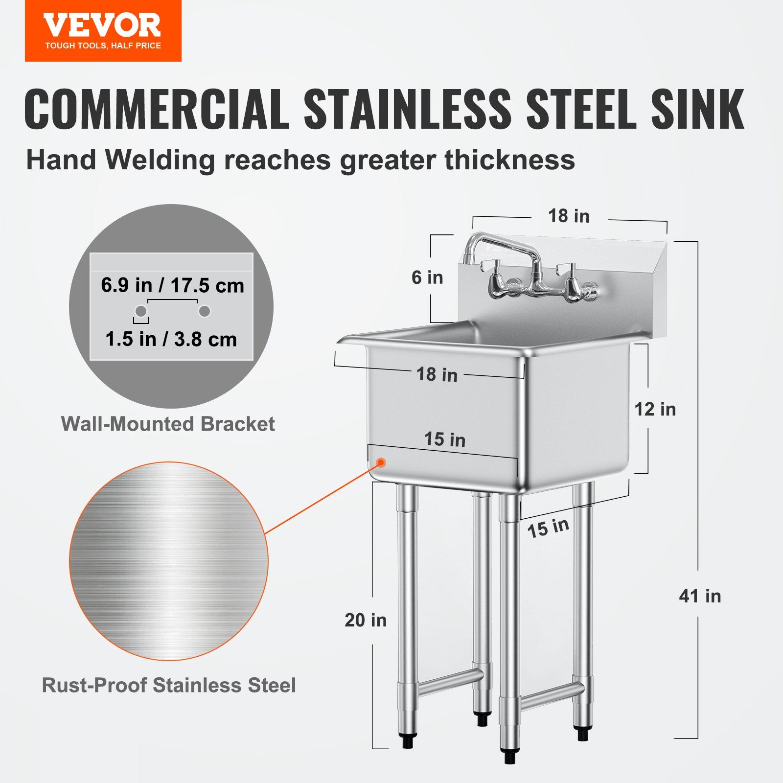 Stainless Steel Prep & Utility Sink – Commercial Single Bowl Free-Standing Station with Faucet & Adjustable Legs