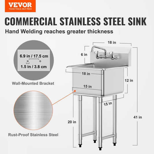 Stainless Steel Prep & Utility Sink – Commercial Single Bowl Free-Standing Station with Faucet & Adjustable Legs