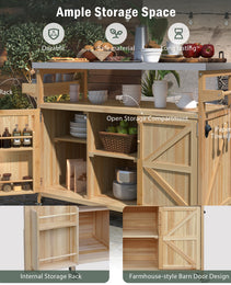 K&K Outdoor Kitchen Island, Rolling Bar Cart & Storage Cabinet, Farmhouse Solid Wood Outdoor Grill Table With Stainless Steel Top, Spice Rack , Towel Rack For Kitchen & BBQ , Natural